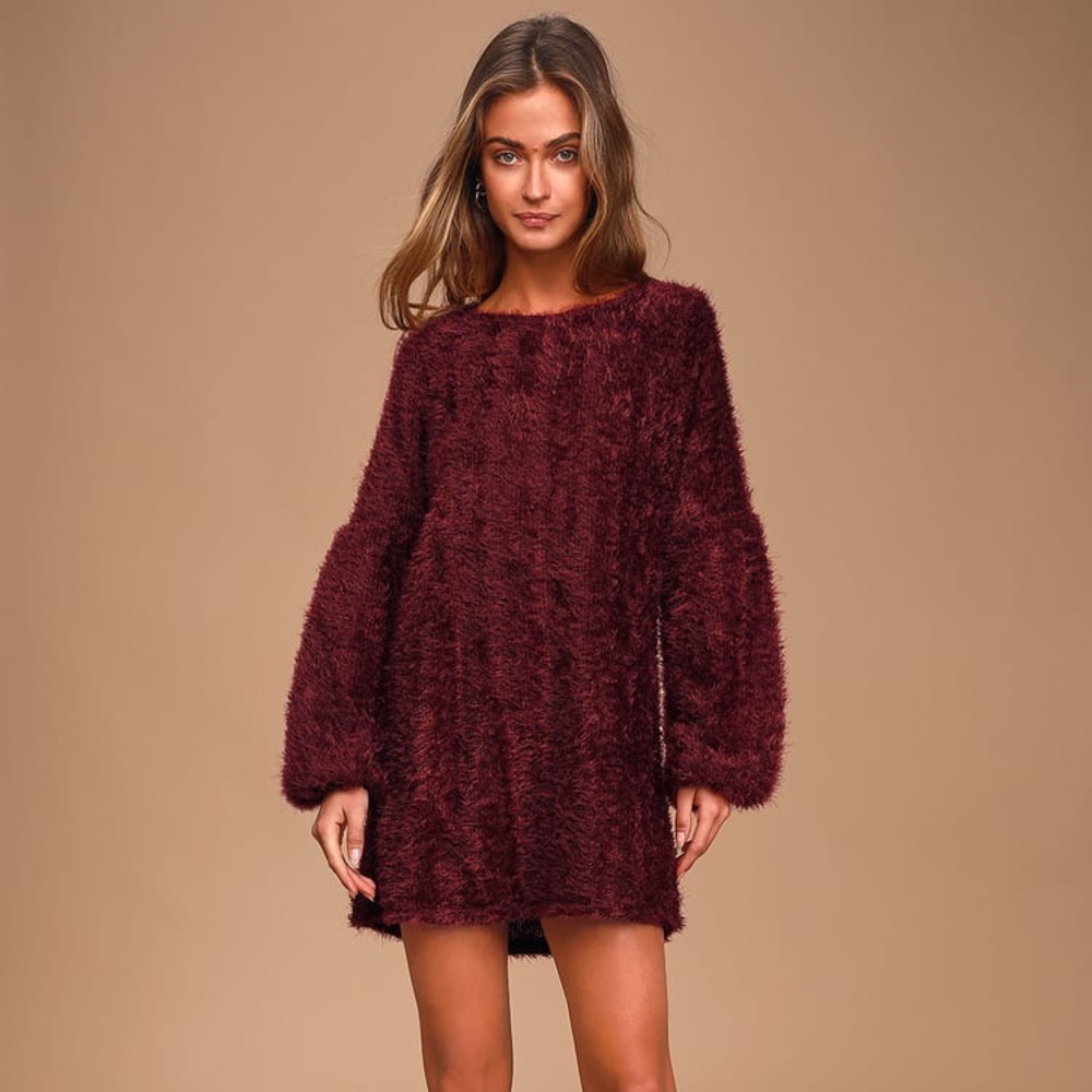 Lulu’s Couldn't Be Sweeter Burgundy Fuzzy Knit Sweater Dress